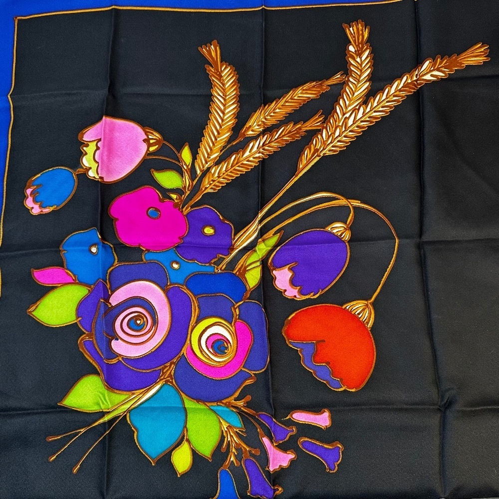 Vintage Mod Floral Square Scarf Psychedelic Flowers Blue Border Retro - Picture 3 of 6